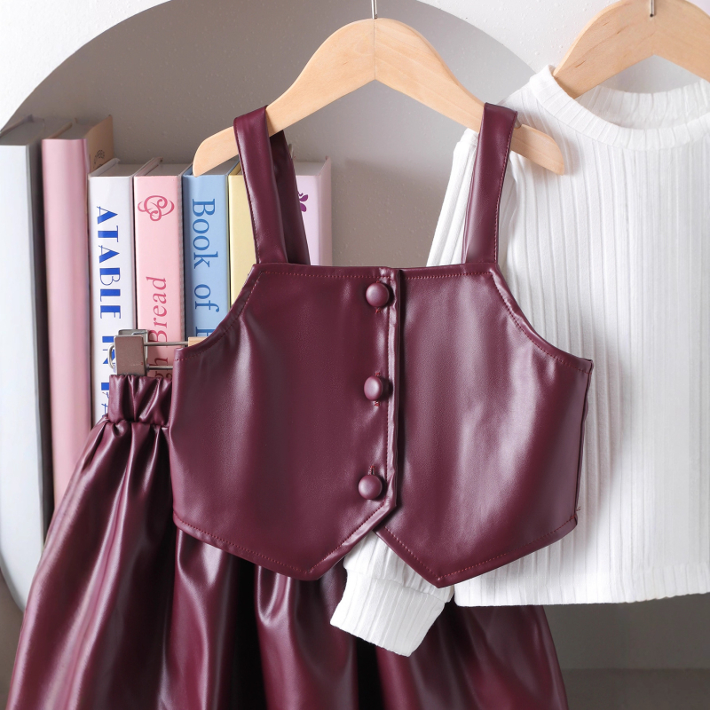 Set de trei piese pentru fete, iarnă 2025: Bluza cu mânecă lungă, vestă din piele PU, fustă scurtă; material principal 95% bumbac; vârsta 1-3 ani