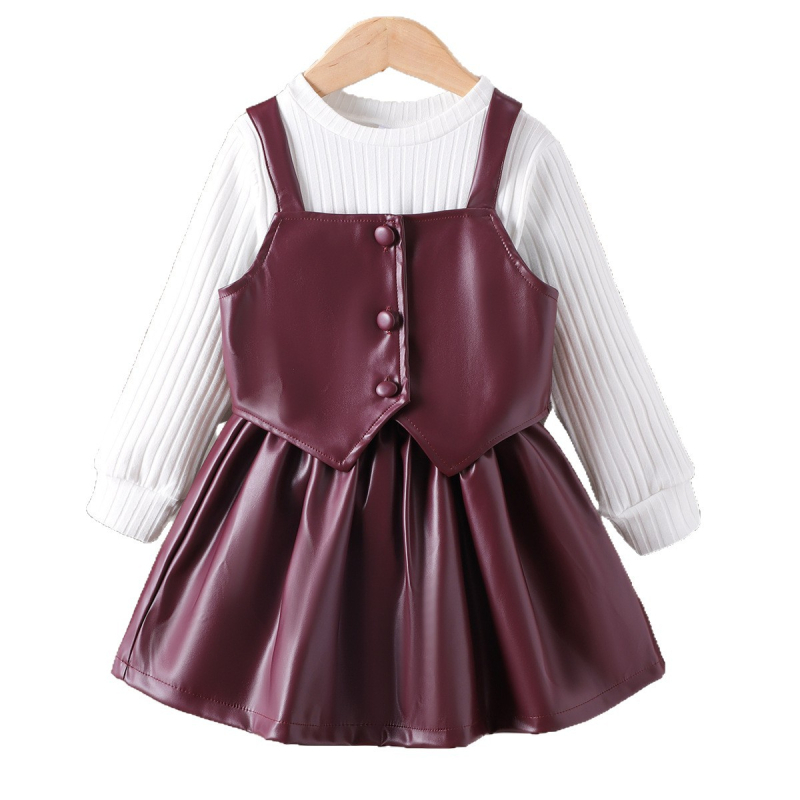 Set de trei piese pentru fete, iarnă 2025: Bluza cu mânecă lungă, vestă din piele PU, fustă scurtă; material principal 95% bumbac; vârsta 1-3 ani