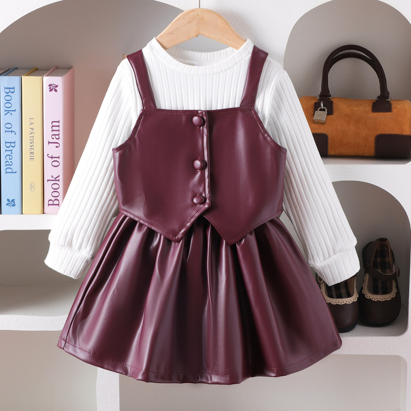 Set de trei piese pentru fete, iarnă 2025: Bluza cu mânecă lungă, vestă din piele PU, fustă scurtă; material principal 95% bumbac; vârsta 1-3 ani