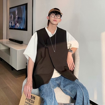 Vestă de costum cu stil japonez retro cardigan, croială liberă, fără guler, închidere simplă, poliester