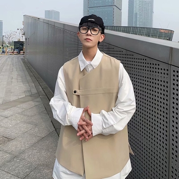 Vestă de costum cu stil japonez retro cardigan, croială liberă, fără guler, închidere simplă, poliester