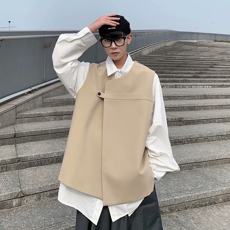 Vestă de costum cu stil japonez retro cardigan, croială liberă, fără guler, închidere simplă, poliester