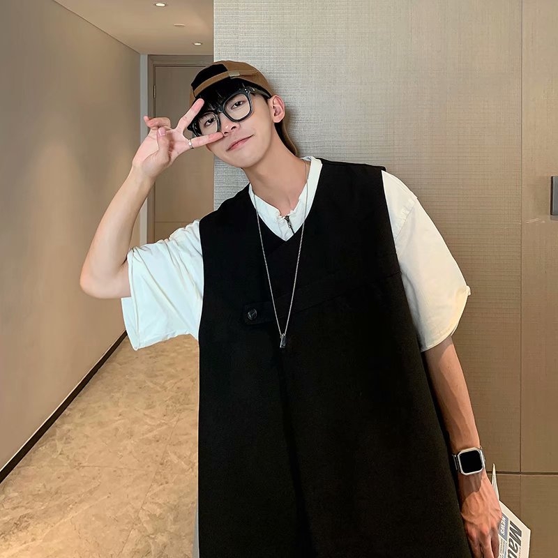 Vestă de costum cu stil japonez retro cardigan, croială liberă, fără guler, închidere simplă, poliester