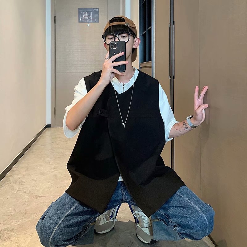 Vestă de costum cu stil japonez retro cardigan, croială liberă, fără guler, închidere simplă, poliester