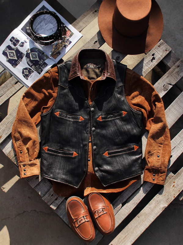 Vesta pentru bărbați din piele naturală de vițel, decolteu în V, croială Slim, închidere cu nasturi pe un rând, buzunare ascunse cu patch