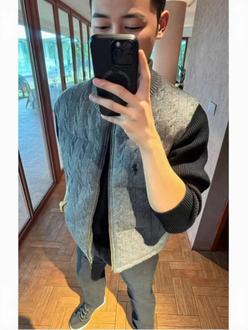 Vestă cardigan tricotată din acrilic, broderie cu cal, guler înalt, fermoar, gros pentru iarnă