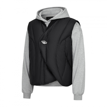 Vesta slim-fit cu glugă din corduroy, guler în V, un nasture, dungat, iarna 2025