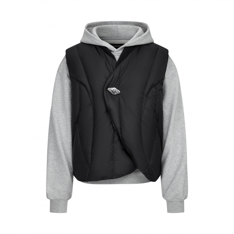 Vesta slim-fit cu glugă din corduroy, guler în V, un nasture, dungat, iarna 2025