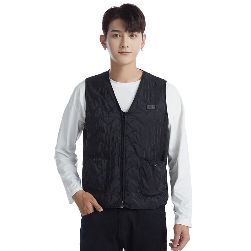 Vestă încălzită cu decolteu în V, încălzire în 8 zone, încărcare USB, croială slim, design cu buzunare multiple