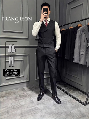 Vestă masculină - minimalistă (croială Slim-fit; guler în V; nasturi în două rânduri; Poliester 100%)