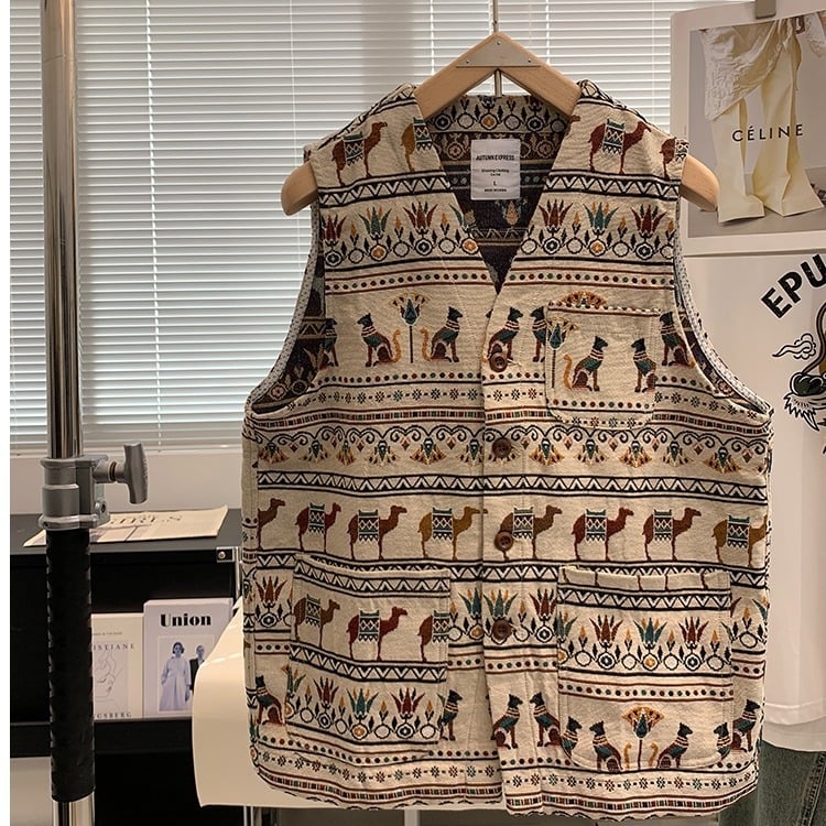 Muški retro žakard prsluk, reverzibilan, opuštena silueta, V-izrez, jednostruko kopčanje