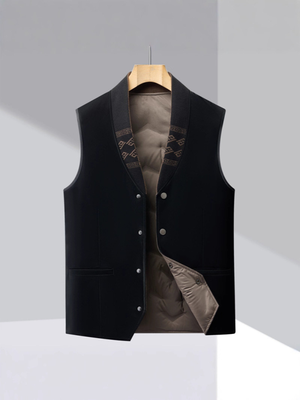 Vesta bărbați cu umplutură de puf de gâscă, căptușeală din poliester, guler tip sacou, stil cardigan, model geometric, iarnă