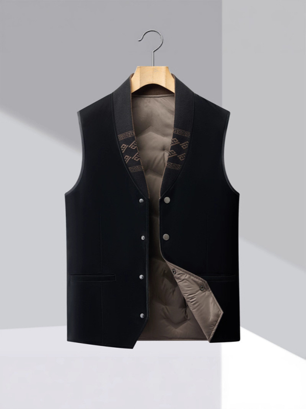 Vesta bărbați cu umplutură de puf de gâscă, căptușeală din poliester, guler tip sacou, stil cardigan, model geometric, iarnă