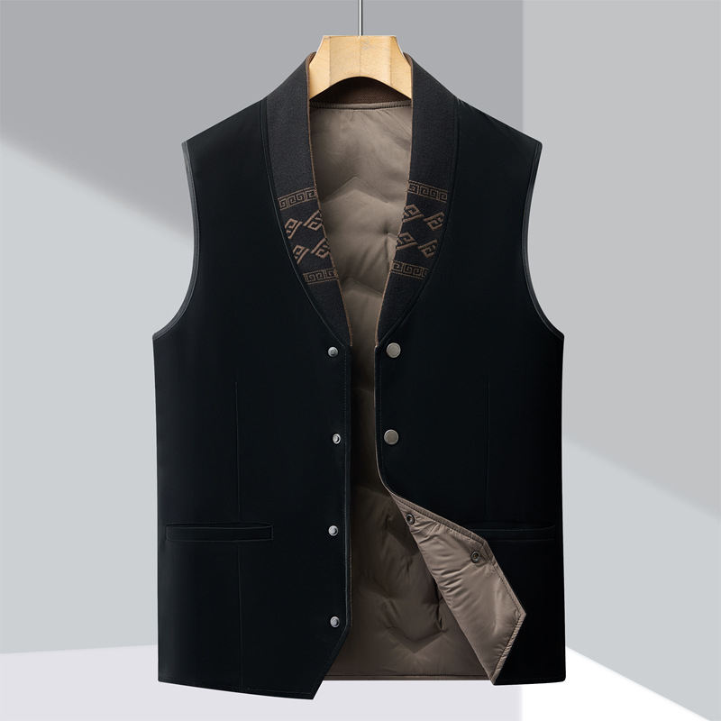 Vesta bărbați cu umplutură de puf de gâscă, căptușeală din poliester, guler tip sacou, stil cardigan, model geometric, iarnă