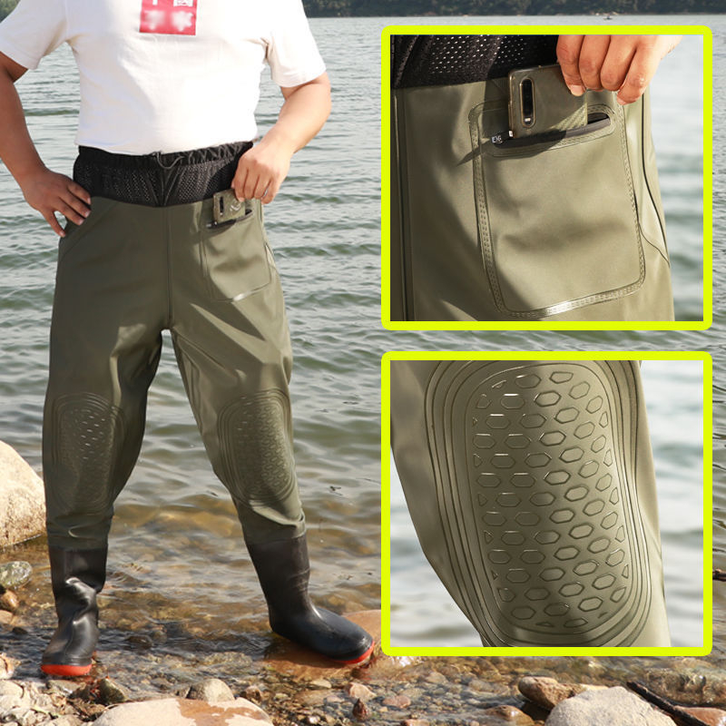 Мъжки риболовен комплект с талийни водни гащеризони, удебелени износоустойчиви дъждовни панталони и полуводоустойчиви ботуши, водоустойчиво облекло за пролетта с защита от радиация