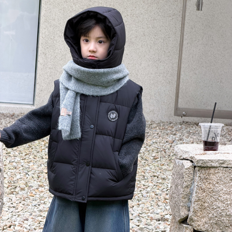 Vestă de iarnă pentru copii, pentru băieți, cu glugă, croială lejeră, lungime scurtă, conținut puf 86–90%