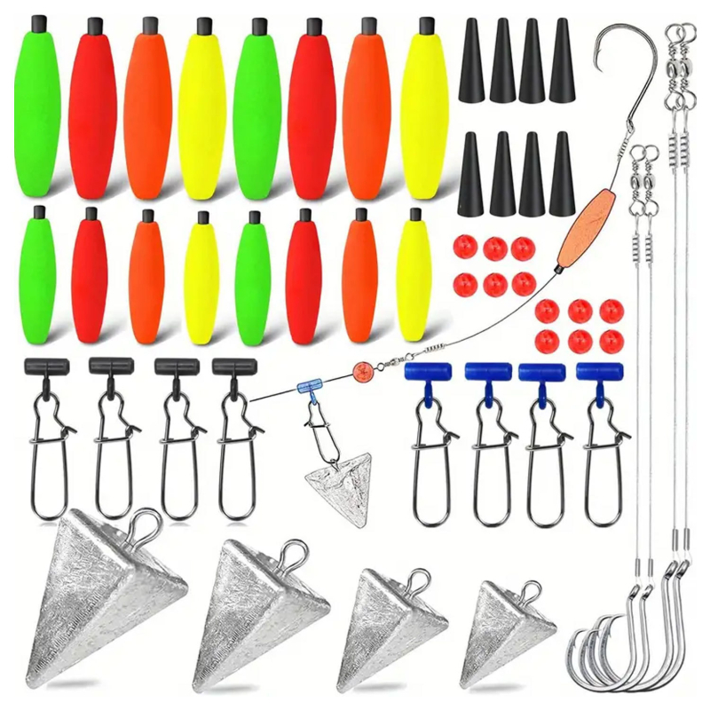 Set opreme za morski ribolov, 78 komada, uključuje udice, plovke, težine i perle, od plastike