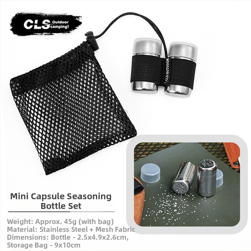 Ārējais mini garšvielu pudeliņu komplekts – 2 gab., nerūsējošais tērauds, pārnēsājams un ultra viegls, apmēram 45 g, ar uzglabāšanas somiņu, 1–2 personām