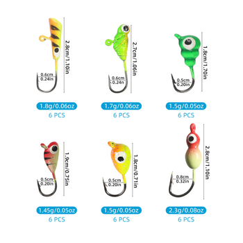 Kuka za ledeni ribolov s olovnim glavom, set od 36 komada u kutiji, LANGJIXUAN, bodljikavi