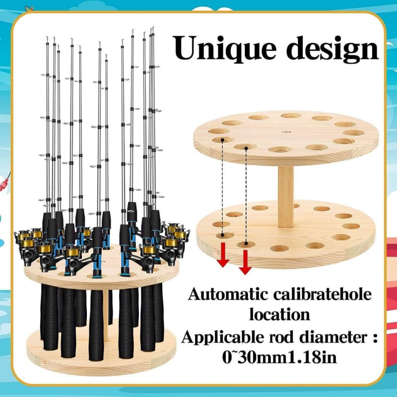 Drveni stalak za štapove za ribolov s rotirajućim prikazom, dvije etaže, podni nosač, za kampiranje na otvorenom