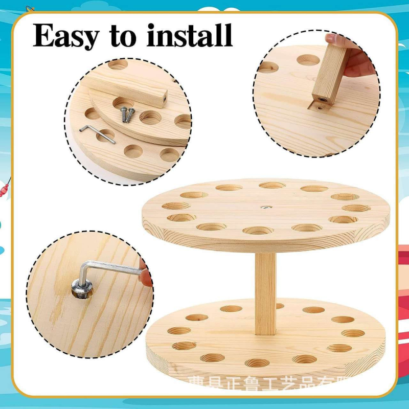 Drveni stalak za štapove za ribolov s rotirajućim prikazom, dvije etaže, podni nosač, za kampiranje na otvorenom