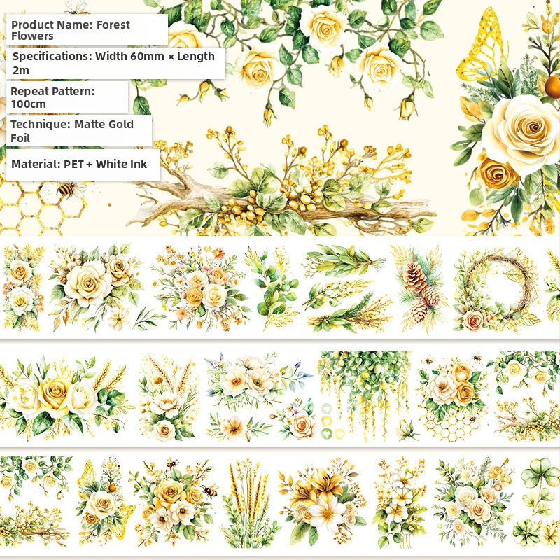 Dienyno juosta su mielu vaisių desertų raštu, PET medžiaga, gurmaniško desertų stilius, Crystal Ink Laser technologija, prekinis ženklas Five Treasures