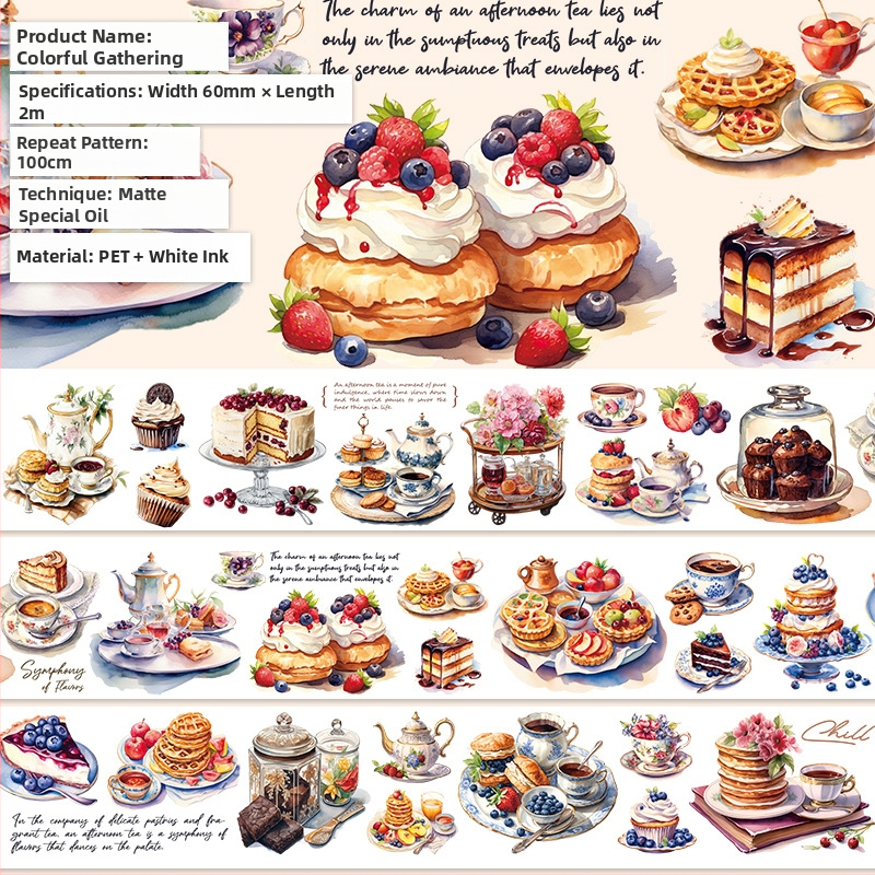 Dienyno juosta su mielu vaisių desertų raštu, PET medžiaga, gurmaniško desertų stilius, Crystal Ink Laser technologija, prekinis ženklas Five Treasures