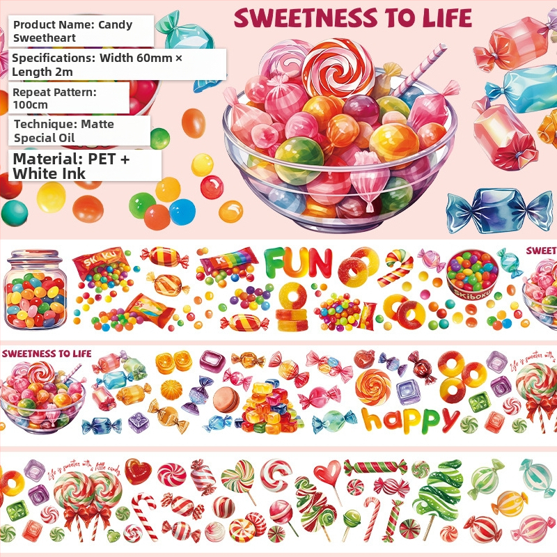 Dienyno juosta su mielu vaisių desertų raštu, PET medžiaga, gurmaniško desertų stilius, Crystal Ink Laser technologija, prekinis ženklas Five Treasures