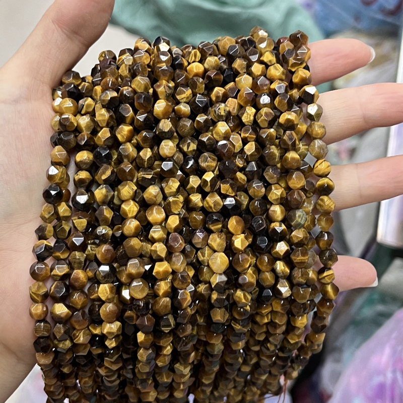 Мъниста от тигрово око, фасетирани кръгли мъниста, свободни полупреработени мъниста, рязане, шлайфане и полиране