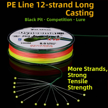 Основна линия, PE преплетена с 12-, 8- и 4-струндове, за дълги замятания, висока здравина, уловна сила 10–100 кг