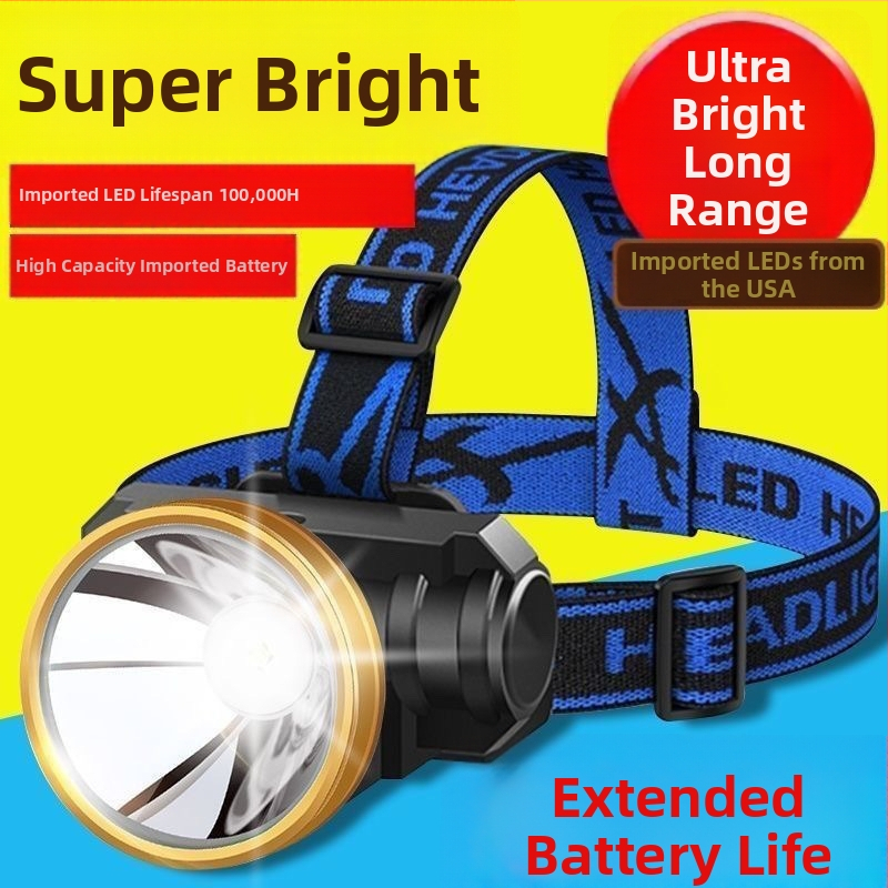 Čelna svjetiljka s D tipom svjetlosnog izvora, punjiva, na glavi, domet do 50 m, za noćni ribolov i kampiranje