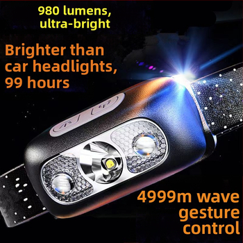 Čelovka s COB LED, hliníkové telo, ručne generovaná kinetická energia, dosah 500 m, kompaktné nočné rybárske svetlo
