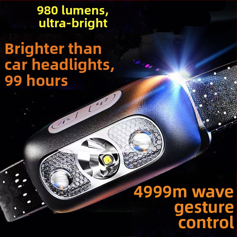 Čelovka s COB LED, hliníkové telo, ručne generovaná kinetická energia, dosah 500 m, kompaktné nočné rybárske svetlo