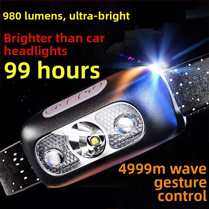 Čelovka s COB LED, hliníkové telo, ručne generovaná kinetická energia, dosah 500 m, kompaktné nočné rybárske svetlo