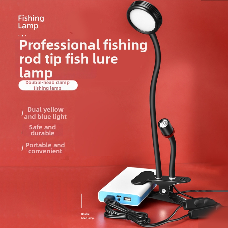 Dviejų galvų LED žvejybos žibintas plaustui naktinei žvejybai, viršaus šviesa, IPX4 atsparus vandeniui, dviguba galva šviesos spindulys, 12W, 3W fiksuotas fokusavimas ir 6W priartinimas