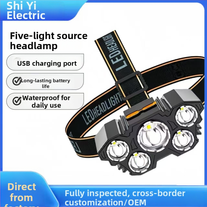 Čelová LED lampa s 5 LED pre vonkajšie použitie, nabíjateľná, nepremokavá, dosvit 100–200 m (model T21s)