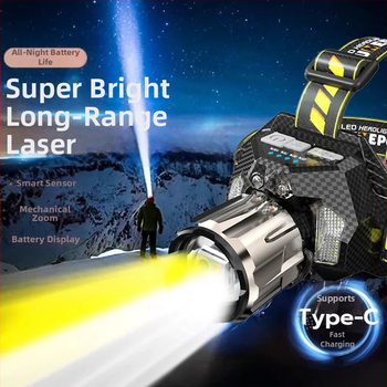 LED galvos žibintas, įkraunamas, itin ryškus, tolimoji spinduliuotė, jutiklis, 16 val. veikimo laikas