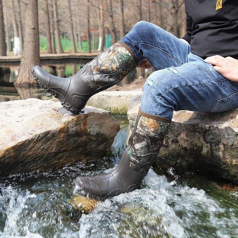 Muške maskirne kišne čizme — visoki gornji dio, guma na vrhu, plastična potplat, pamuk podstava, pogodne za jesen i zimu, lagane, vodootporne, protuklizne