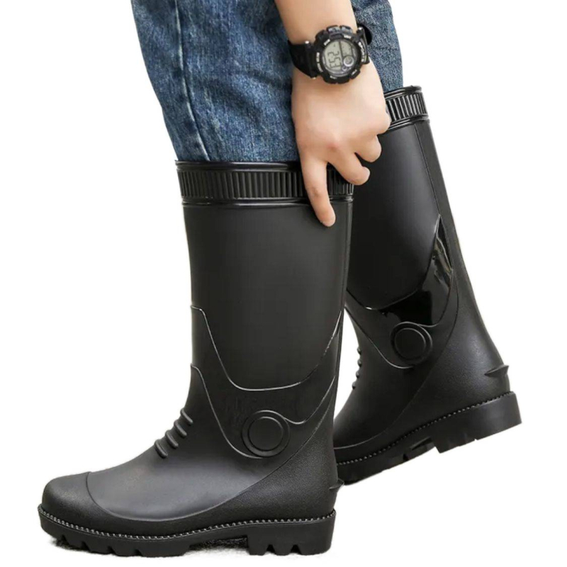 Vīriešu augstās lietus kurpes – PVC augšdaļa, gumijas zole, ūdensnecaurlaidīgas, pretslīdošas