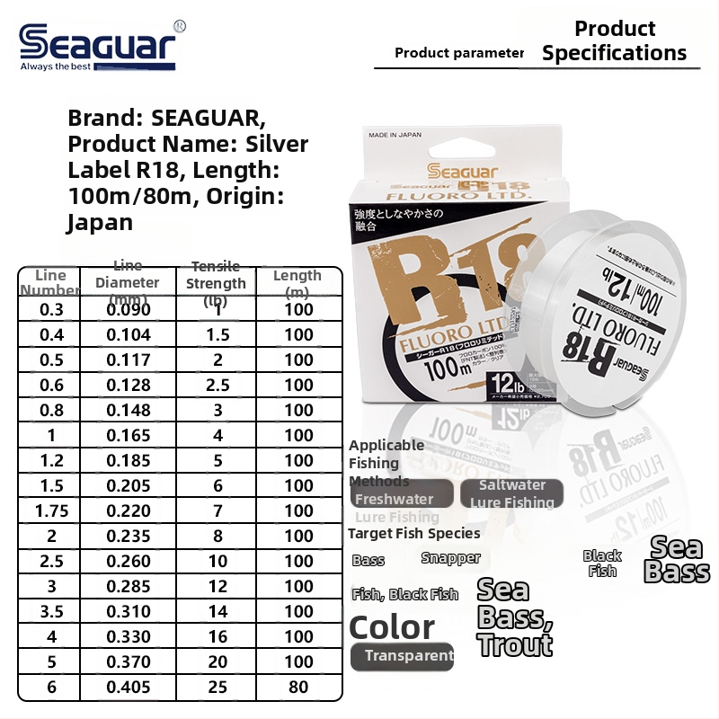 SEAGUAR Karbonska vlakna linija za ribolov, Sub-Line, 6 komada