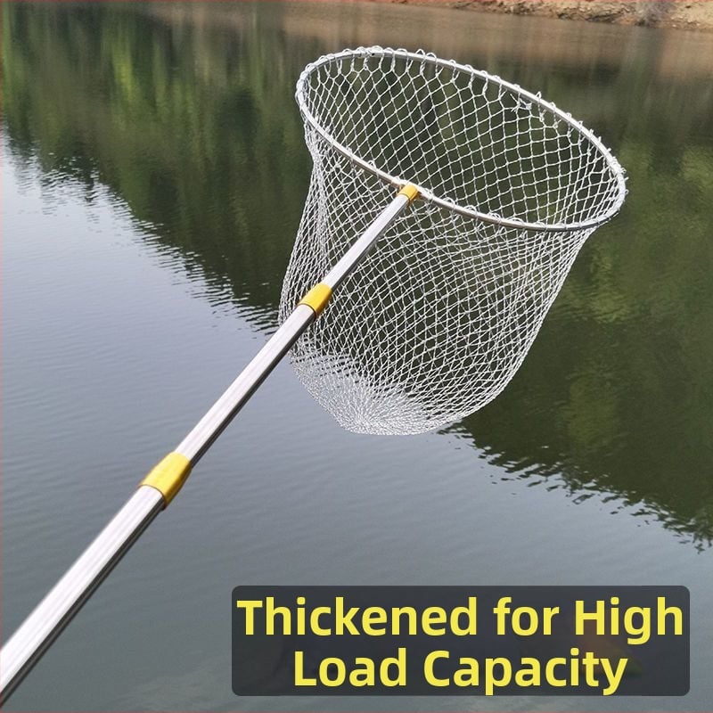 Nerūdijančio plieno žvejybos tinklas – pilnas komplektas su sulankstoma ir teleskopine lazda, gili tinklo krepšys, plonas tinklas; Tinklo įėjimo skersmuo: peržiūrėkite detales; Tinklo gylis: peržiūrėkite detales