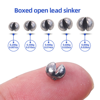 205 dalių švino svorių rinkinys žvejybai, svoris 0,2–0,8 g, apvalios formos su atviru klipu, nepažeidžia linijos