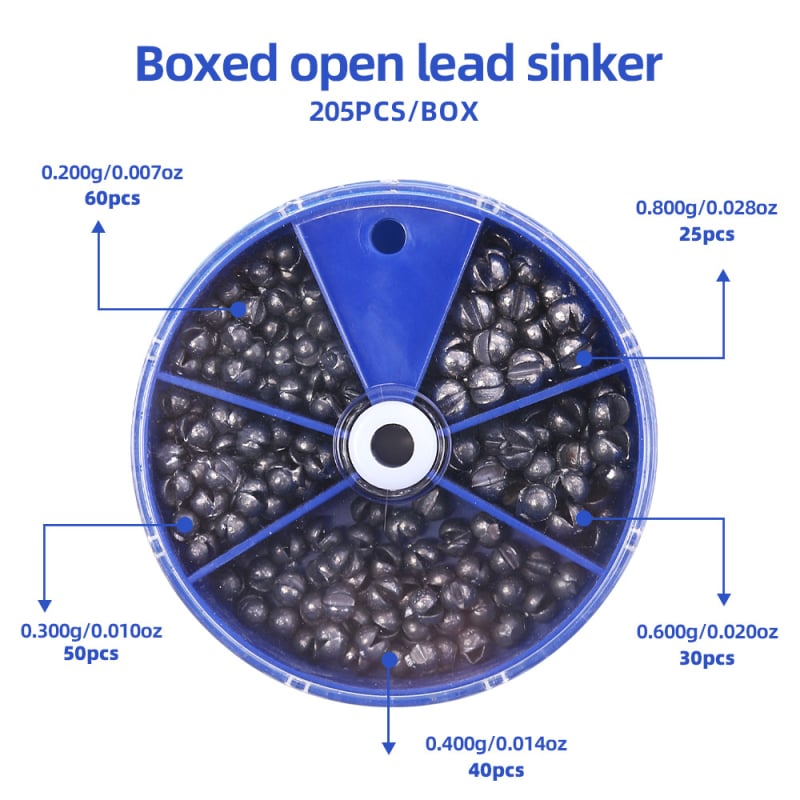 205 dalių švino svorių rinkinys žvejybai, svoris 0,2–0,8 g, apvalios formos su atviru klipu, nepažeidžia linijos