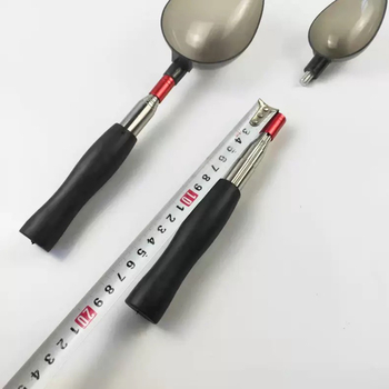 Reguliuojamas teleskopinės masalų šaukštelis su keičiamu galvu, metalinė konstrukcija, skirtas lauko žvejybai