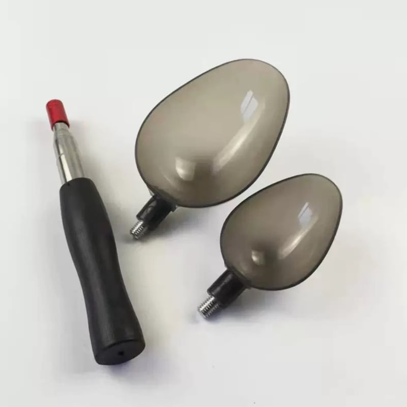 Reguliuojamas teleskopinės masalų šaukštelis su keičiamu galvu, metalinė konstrukcija, skirtas lauko žvejybai