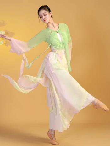Klasični kineski plesni kostim za žene, gradijentni šifon, poliester i spandeks, scensko odijelo, ljeto 2024