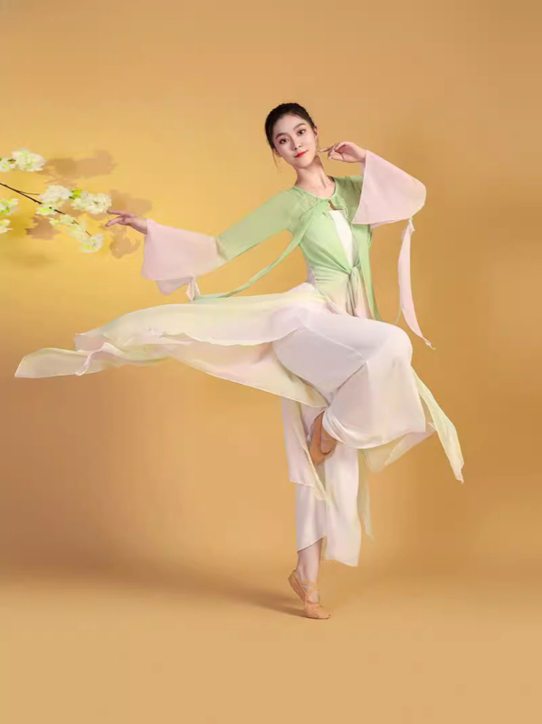 Klasični kineski plesni kostim za žene, gradijentni šifon, poliester i spandeks, scensko odijelo, ljeto 2024