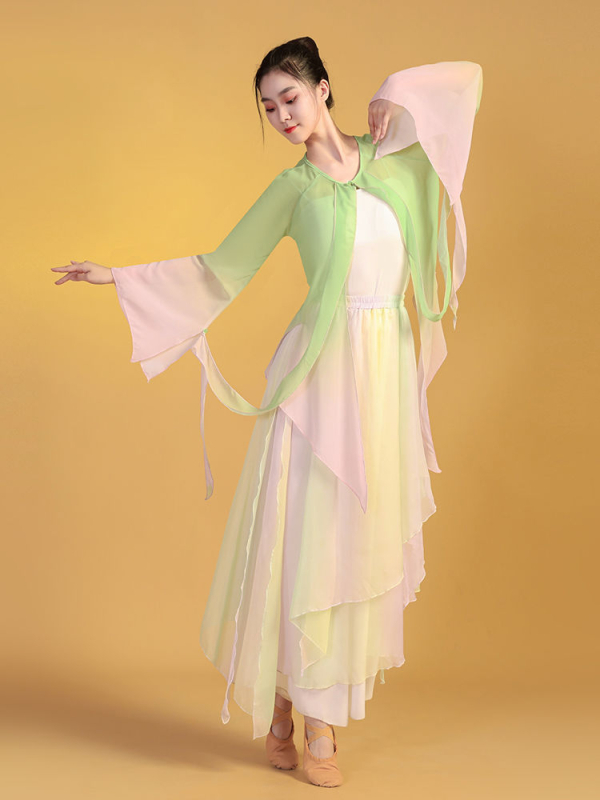 Klasični kineski plesni kostim za žene, gradijentni šifon, poliester i spandeks, scensko odijelo, ljeto 2024