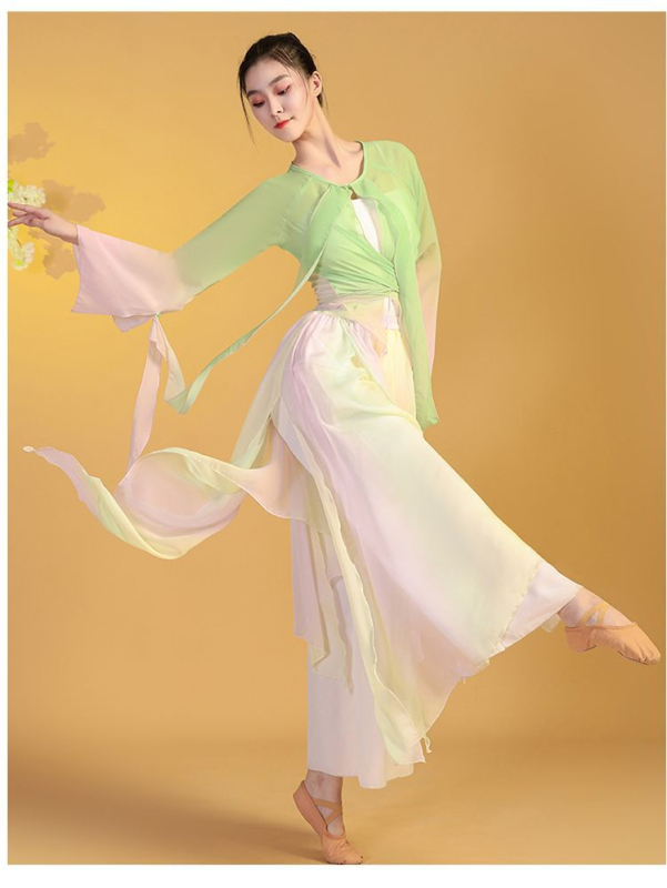 Klasični kineski plesni kostim za žene, gradijentni šifon, poliester i spandeks, scensko odijelo, ljeto 2024