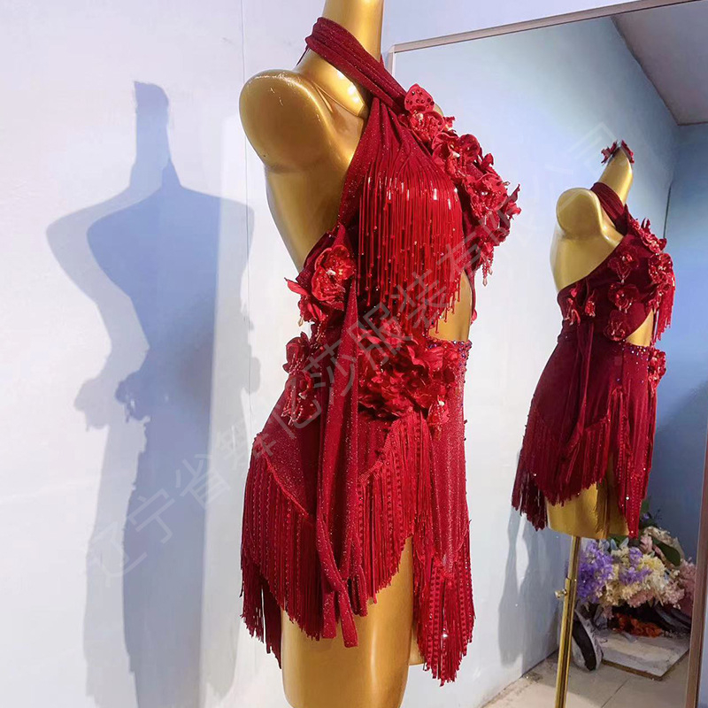 Ženska latinska plesna haljina s resicama — najlon 95%+, spandeks 90–95%, proljeće 2024, nacionalni standard plesa